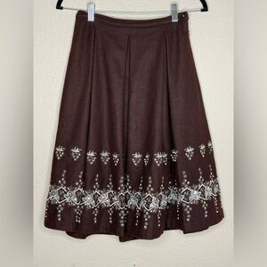 Manoush Wool Blend Embroidered A-Line Skirt Brown Silver Floral Size 38